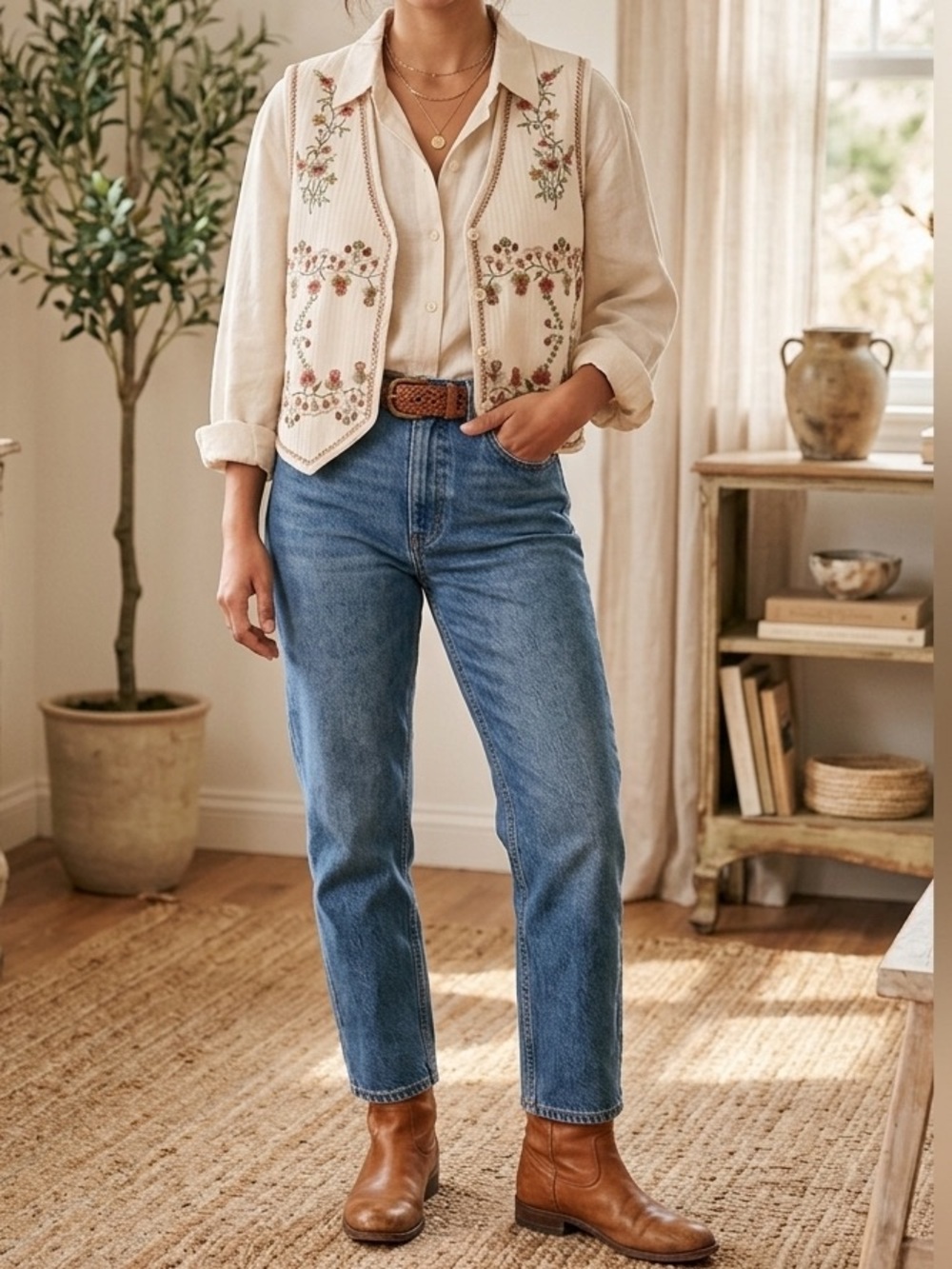 Vintage Cream Floral Embroidered Cotton V-Neck Button Down Vest-Boho❤️
